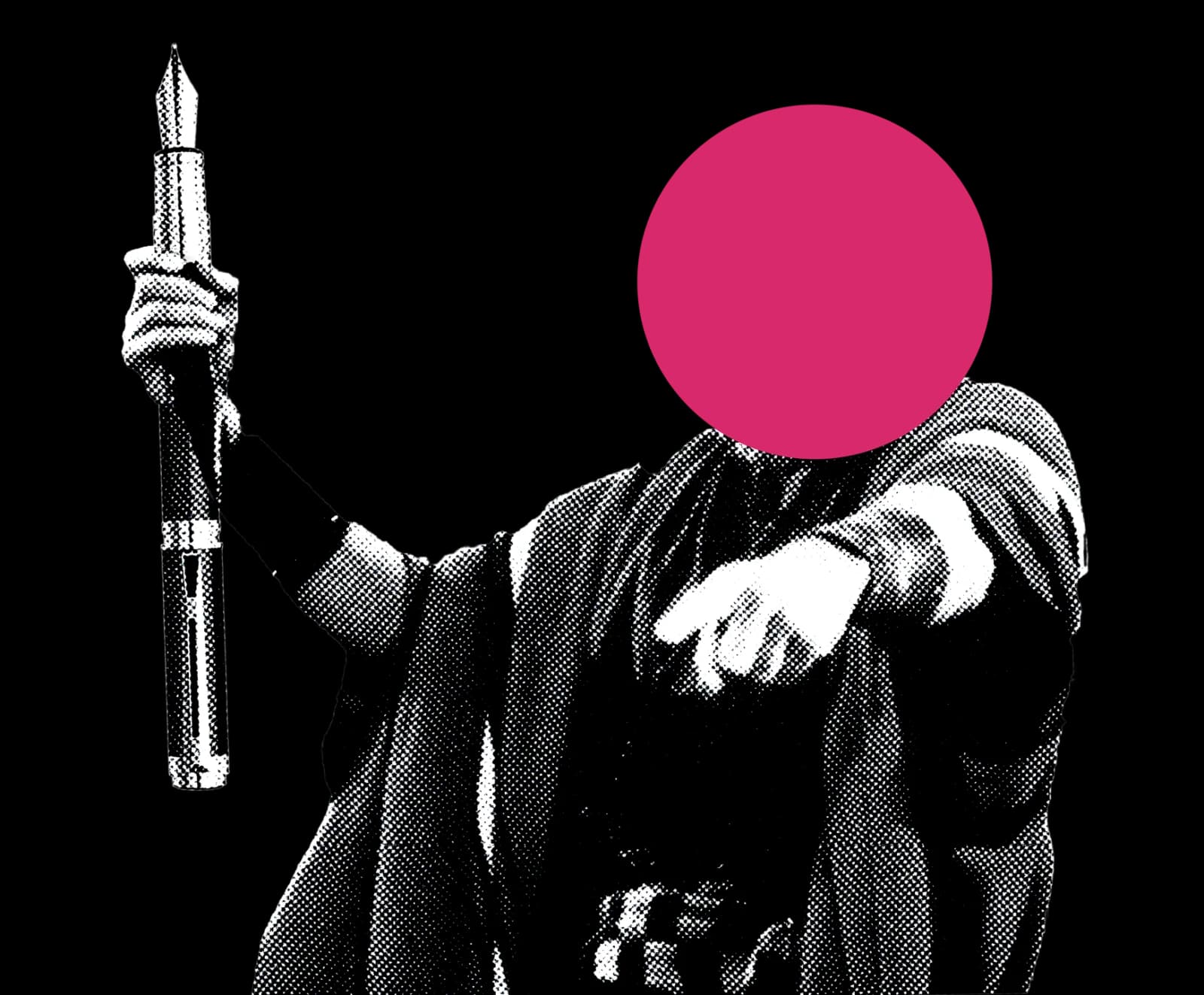 Halftoon-illustratie van een figuur met een reusachtige vulpen en een roze stip als hoofd.